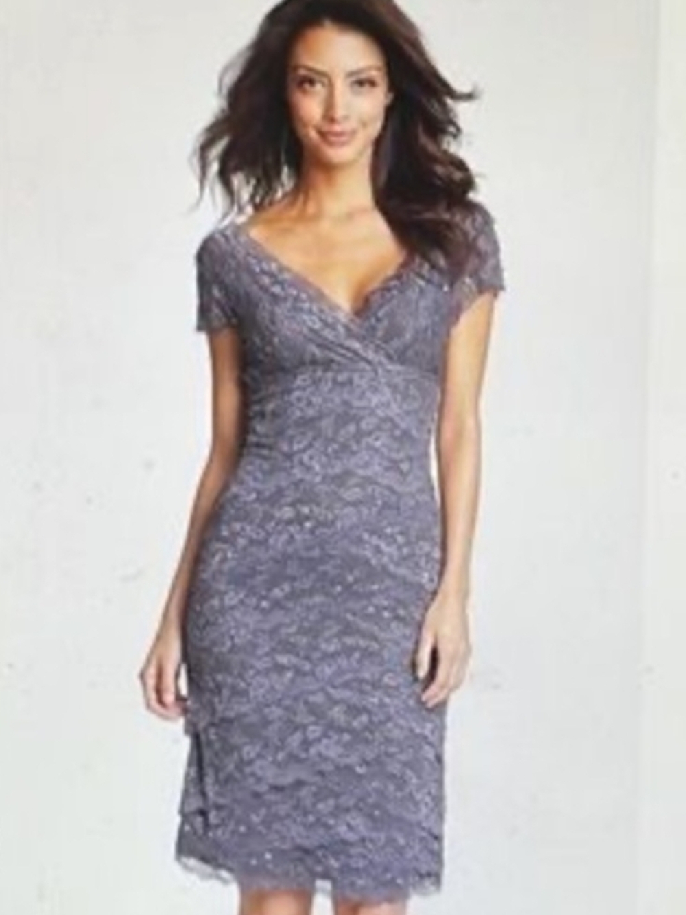 MARINA Gray Silver Lace Cap-Sleeve Midi Dress
